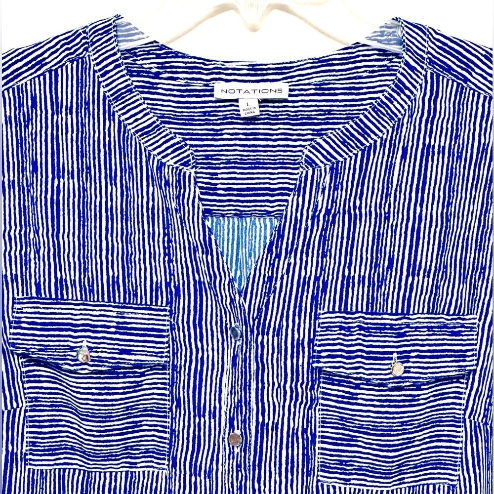 Notations Blue & White Stripe Striped Shirt Blouse Button Up 3 Quarter Sleeve L